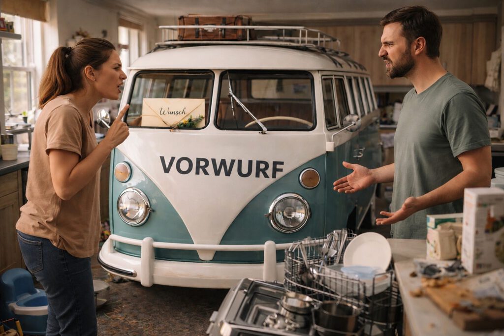 Streitendes Paar in der Küche vor einem VW-Bus mit der Aufschrift Vorwurf, hinter der Scheibe ein Brief mit der Aufschrift Wunsch, Bild zur VW-Regel in Beziehungen